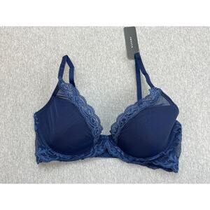 Natori Bra Womens 34C Blue 730023 Feathers Counter Plunge Underwire Lace NWT